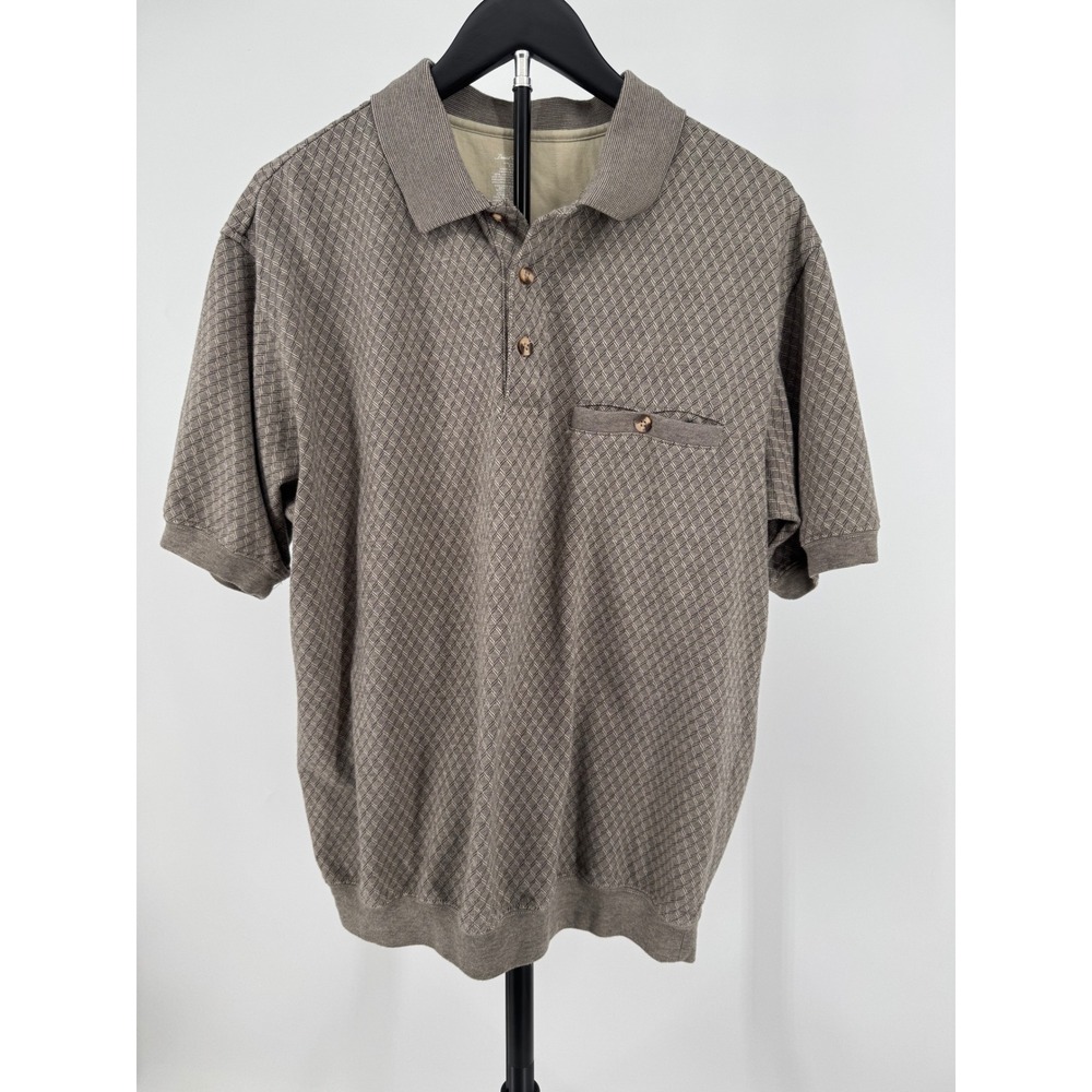 David Taylor Collection Mens Large Brown Diamond Textured Knit Polo Shirt Pocket